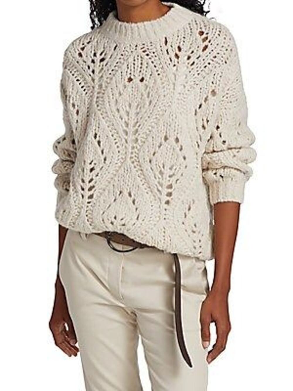 Aerie Long Sleeve Open-Weave Knit Crewneck Pullover Sweater Cream Small